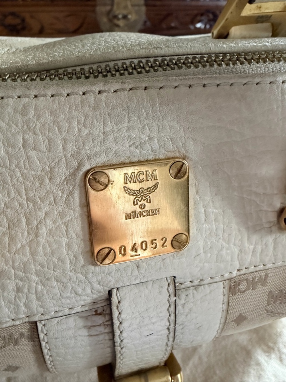 SALE MCM Cream and Beige Logo Satchel with Gold Hardware - Picture 4 of 10